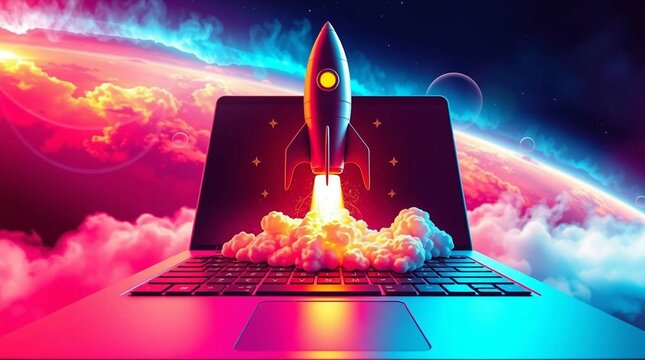 Rocket launches from laptop symbolizing business growth and increased sales in innovative digital marketing