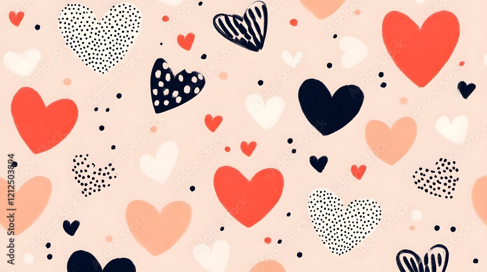 Poster whimsical heart and dot pattern on soft peach background