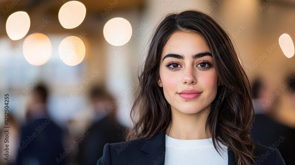 Poster extrovert social networking concept, professional woman at a bustling networking event engages with 