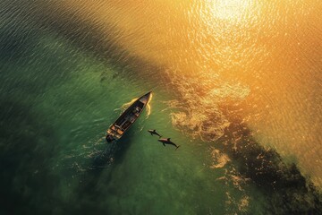 Serene waters embrace lone boat while dolphins dance beneath gol