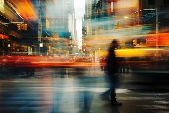 Businessman walking on a busy new york city street at night with motion blur and light trails