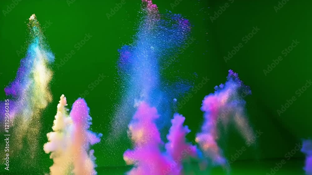 Poster vibrant powder bursting upward, generating dynamic colorful plume against intense green screen backd