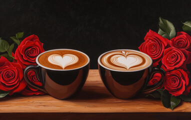 A close-up of two coffee cups with heart-shaped latte art, placed on a wooden table with a bouquet of red roses