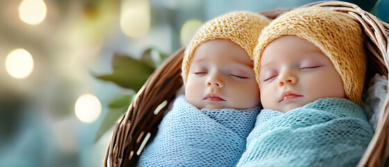Obraz premium Newborn twins wrapped in pastel blankets resting in rustic basket cozy indoor setting peaceful atmosphere warm tones for family and baby photography