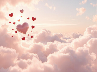 Fototapeta premium Pink heart balloons floating among pastel clouds for Valentine's Day