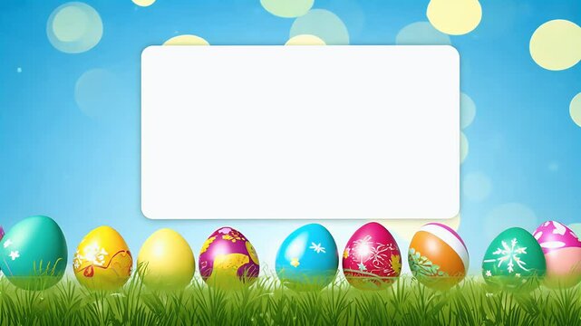vibrant green meadow adorned with colorful Easter eggs on blue background framed by bokeh effect and blank space for greetings