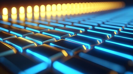 Obraz premium A vibrant, close-up view of illuminated keys, showcasing a blend of blue and yellow lights, creating a modern, tech-inspired atmosphere.