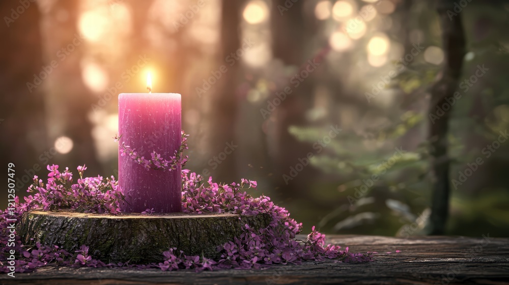 Poster soft glowing candle surrounded by fresh flowers on a rustic log in a serene forest setting