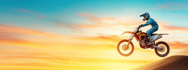 Fototapeta premium Dynamic motorcycle rider in mid-air jump at sunset with vibrant colors highlighting a thrilling moment in motorsport performance and outdoor adventure spirit.