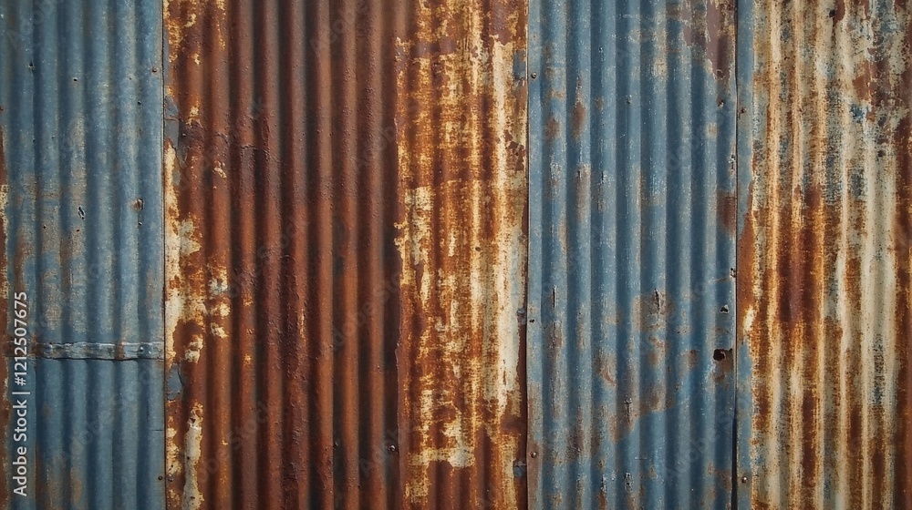 Poster detailed close-up of a rusted corrugated metal wall showing textured patterns and color variations i