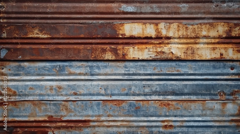 Poster rusted corrugated metal wall texture with weathered surface and unique patterns created by time and 