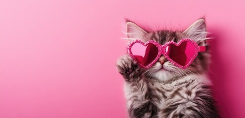 Adorable fluffy cat wearing heart-shaped pink sunglasses against a bright pink background. Perfect for Valentine's Day promotions, pet-related content, and playful marketing materials