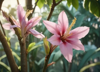 Fototapeta premium Banana flower with delicate petals and soft colors on the stem of the tree, detail, banana flower, leafy greens