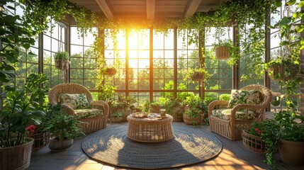 Fototapeta premium Sunlit Conservatory Garden Room with Wicker Chairs Plants and a Round Rug