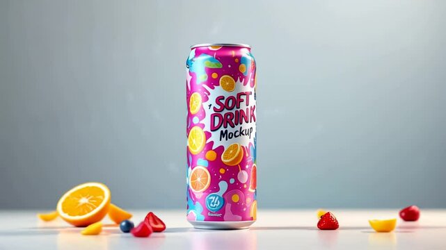 Refreshing Fruit Drink Can Mockup with Splashing Juice and Fresh Fruits