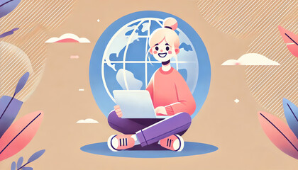 Fototapeta premium A minimalistic illustration of a cheerful young person sitting cross-legged with a laptop