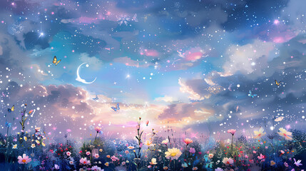 soft pastel painting of an enchanted meadow under the stars, with delicate flowers and butterflies in shades of pink, purple, yellow, and blue against a sky fill with fluffy clouds and a crescent moon