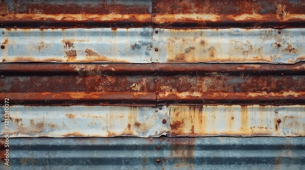 Poster detailed close-up of rusty metal wall featuring horizontal and vertical panels with intricate patter