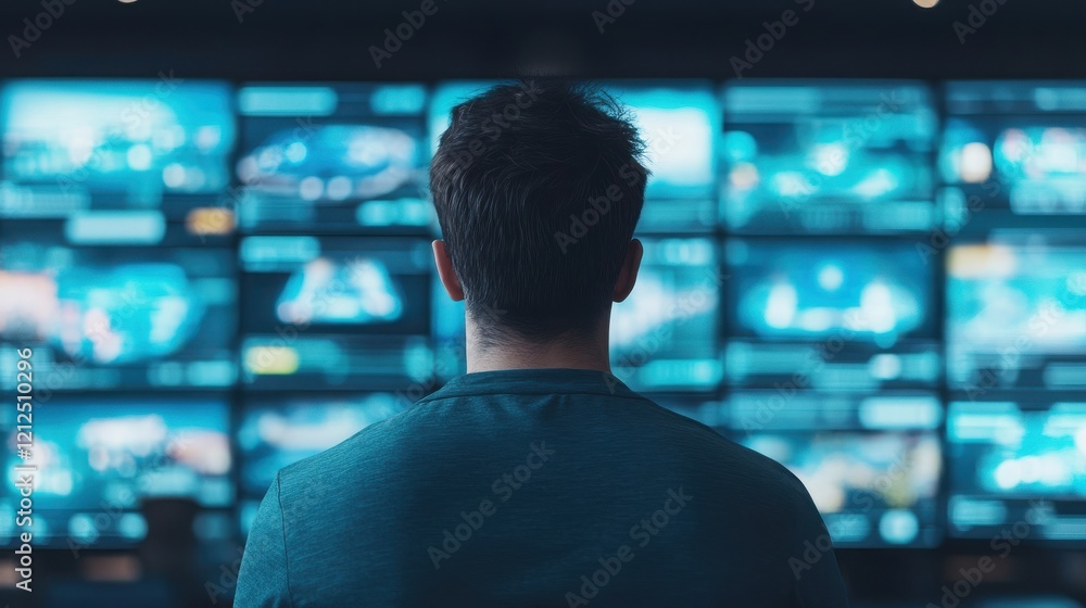 Poster a man observes multiple screens displaying digital content in a modern control room focused on techn