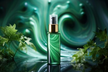 Fototapeta premium Green cosmetic bottle with vaporizer on a reflecting surface and an abstract green background with plants and water