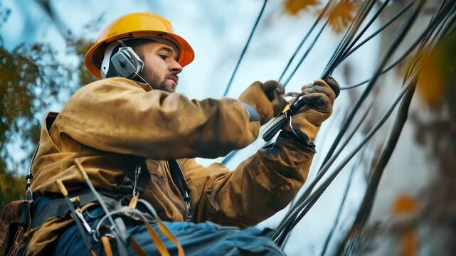 Skilled arborist climbing trees with precision and focus in autumn environment