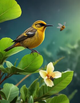 Bird perched on a seagrape leaf with a bee hovering nearby, bananquit, tropical