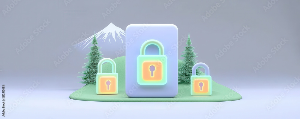 Poster digital protection systems with glowing locks in serene landscape, technology security system and pr