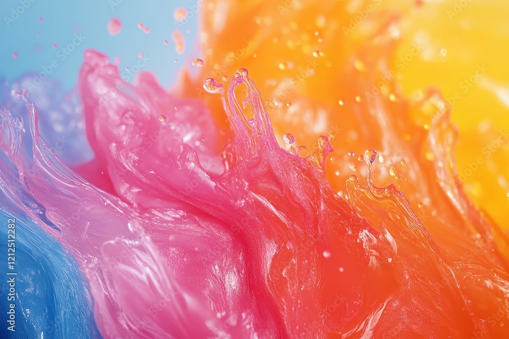 Poster close up image of colorful liquid splash on white background capturing dynamic motion and vibrant co