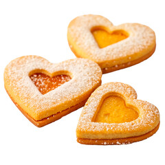 Fototapeta premium Heart-Shaped Jam-Filled Cookies with Powdered Sugar and Golden Baked Finish