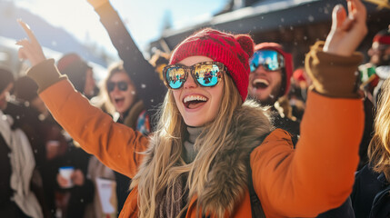 Cheerful skiers celebrating winter festivities, dancing together at mountain resort après-ski gathering with energetic joy