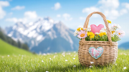 woven basket filled with colorful flowers and heart shaped decorations sits in sunny meadow with mountains in background