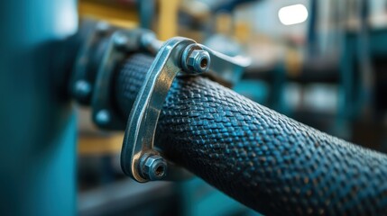 Close-up of flexible hose in industrial plant, focusing on metal mesh and clamps.