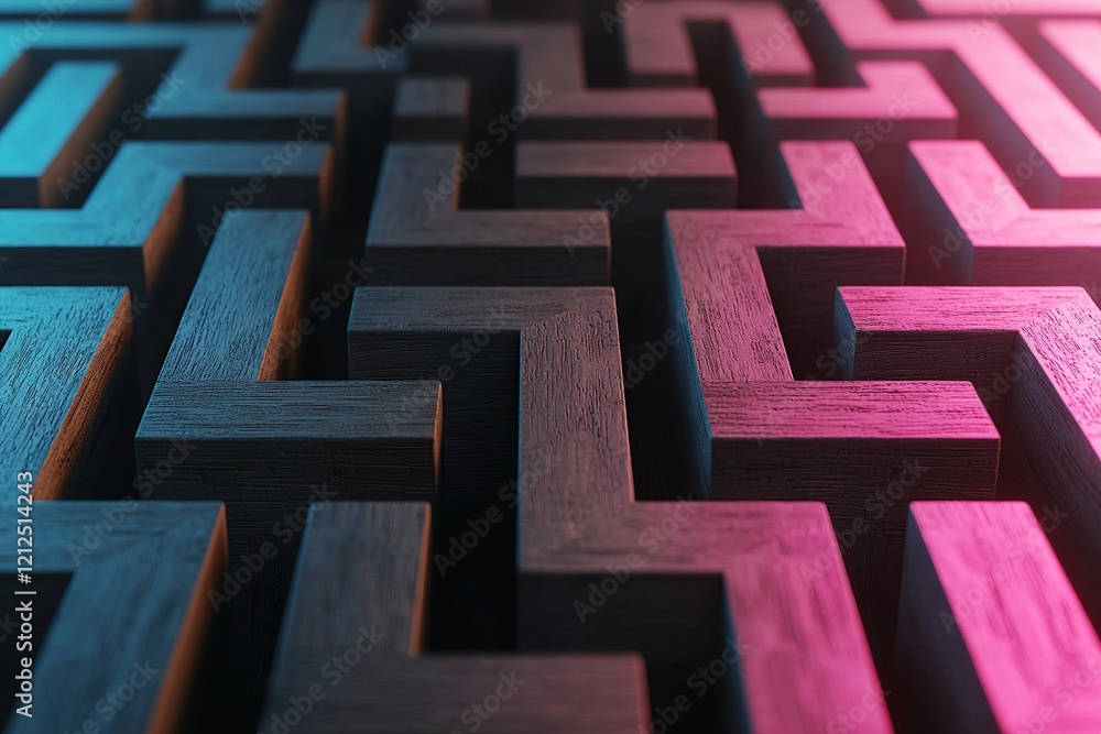 Poster abstract maze pattern with wooden blocks illuminated in blue and pink hues, creating a striking visu