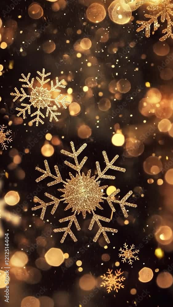 Poster golden snowflakes are gently falling against a dark, sparkling background, creating a magical christ