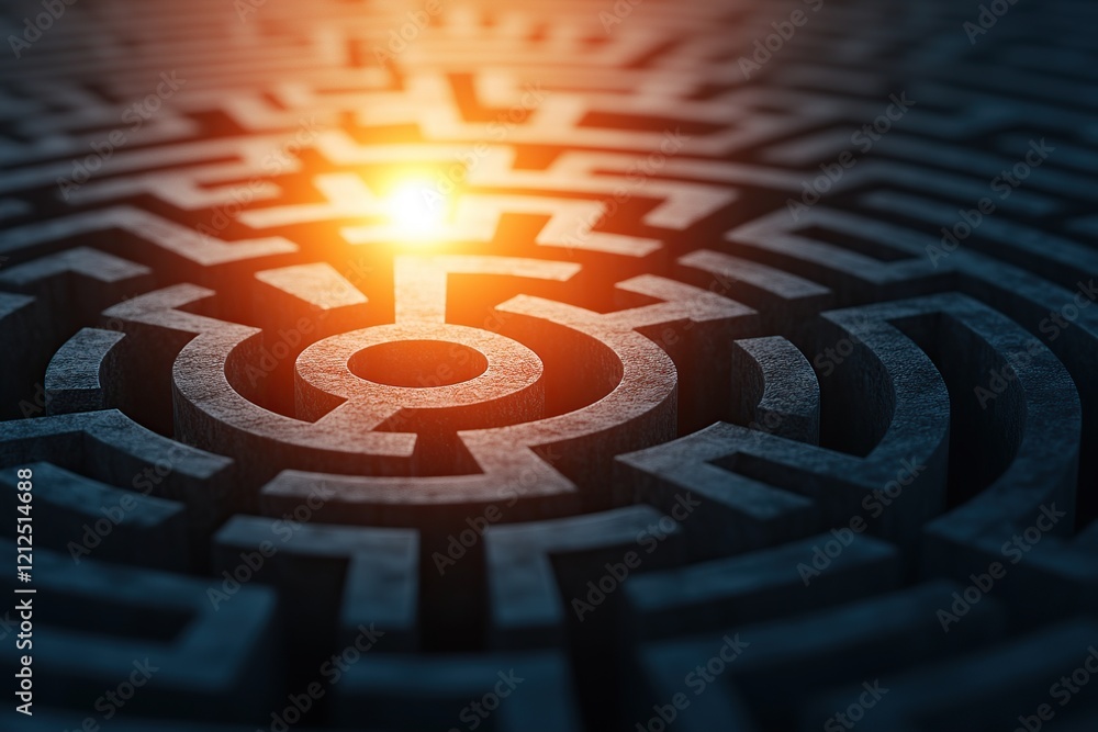 Poster intricate maze design illuminated by a warm light at the center, creating a captivating visual effec