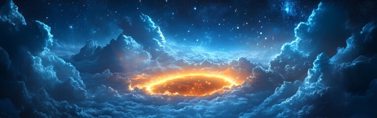A glowing crater shrouded in mist and surrounded by stars. Perfect for fantasy book covers, mystical designs, and space art enthusiasts.