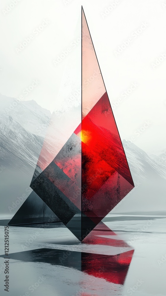 Poster red and black geometric object floating in the middle of a calm lake surrounded by nature