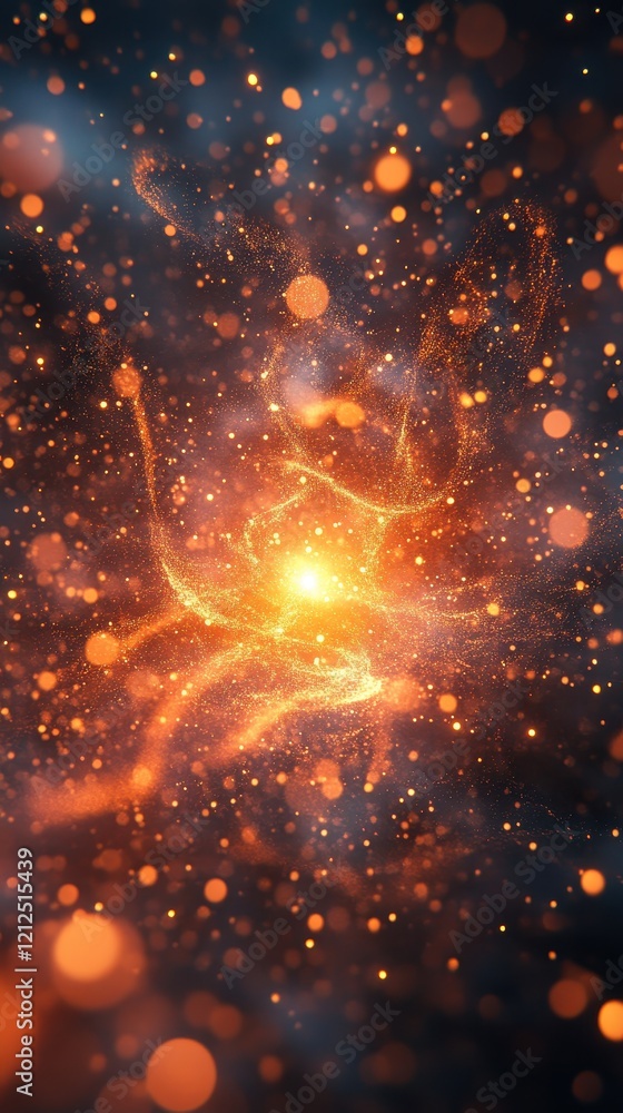 Poster bright orange and yellow explosion of light in a dark background creating a stunning visual effect