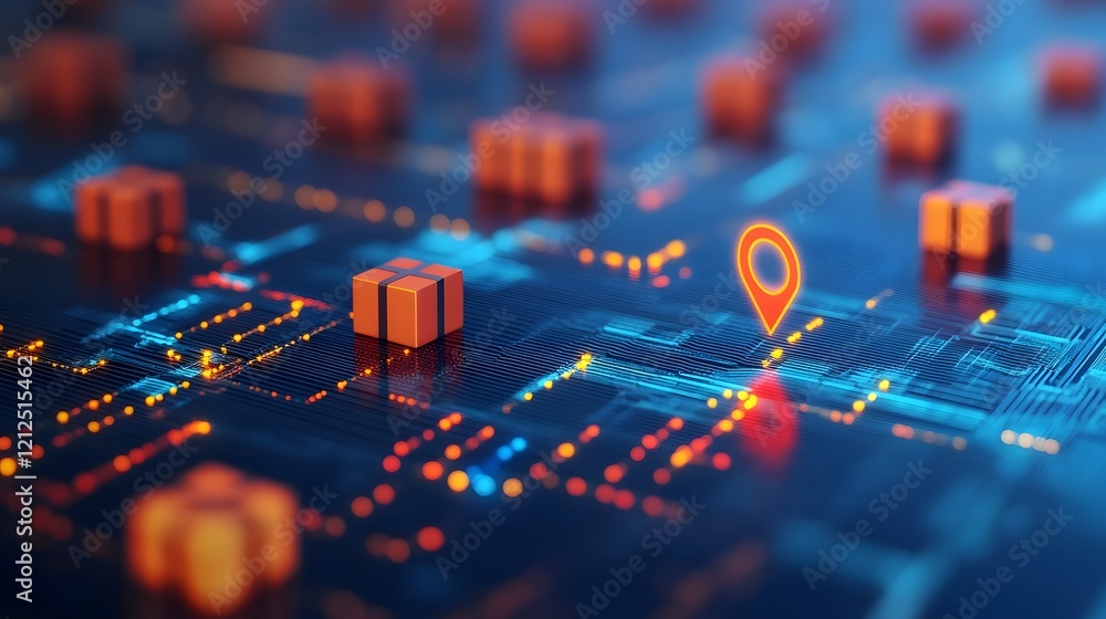 Poster futuristic geometric transportation grid with package tracking symbols on digital data background