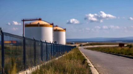 Obraz premium Industrial storage tanks and roadside fence under clear blue sky.