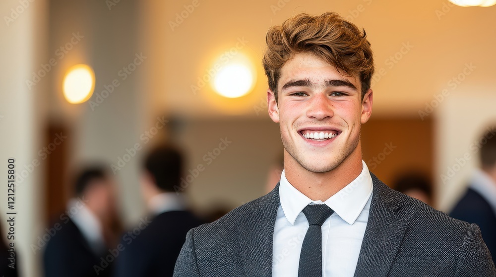 Aufkleber extrovert social networking concept, young man smiling and introducing himself at corporate event in