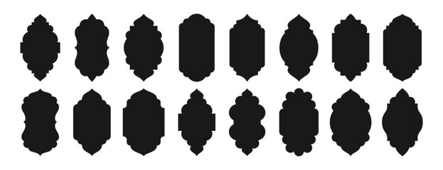 Traditional islamic window shapes in oriental style. Set of black silhouette eid mubarak decorative arches, moroccan gates or mosque borders. Arabic muslim architecture frames, ramadan design elements