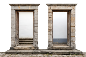 Two stone doorways with open wooden doors isolated with transparent background