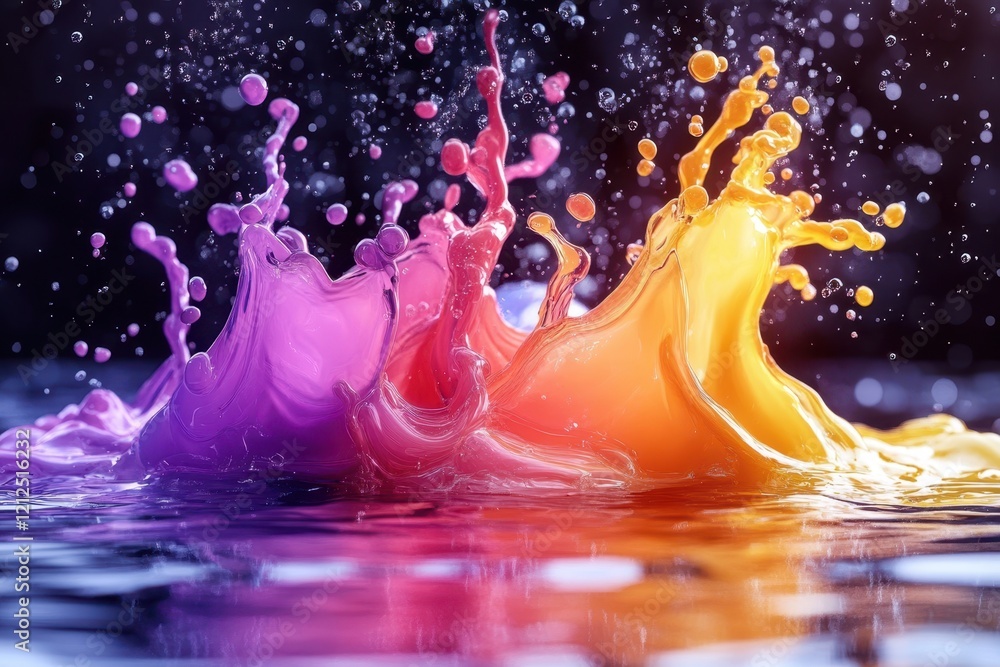 Poster colorful paint splashes creating abstract patterns on water surface in bright natural light
