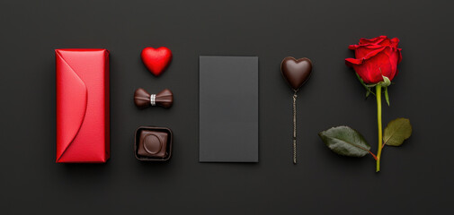 A flat lay of Valentine's gifts, including a handwritten card, chocolates, a red rose, and a jewelry box