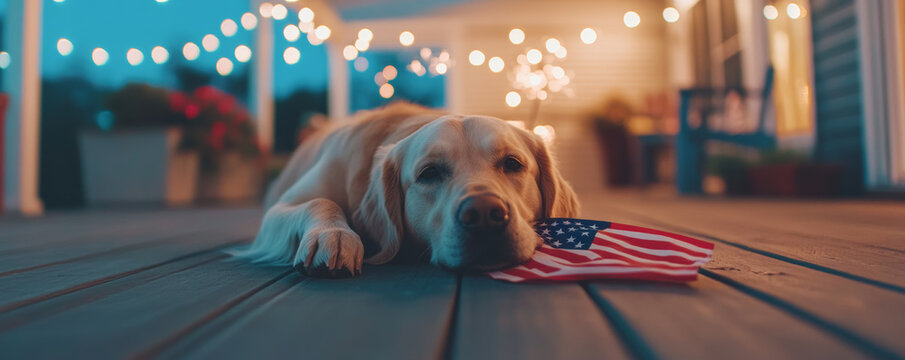 golden retriever lying on porch with American flag, surrounded by soft glowing lights, creating warm and festive atmosphere