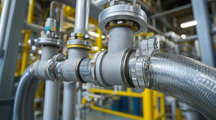 Flexible hose in petrochemical plant, showing metal structure, secure fittings, and clamps.