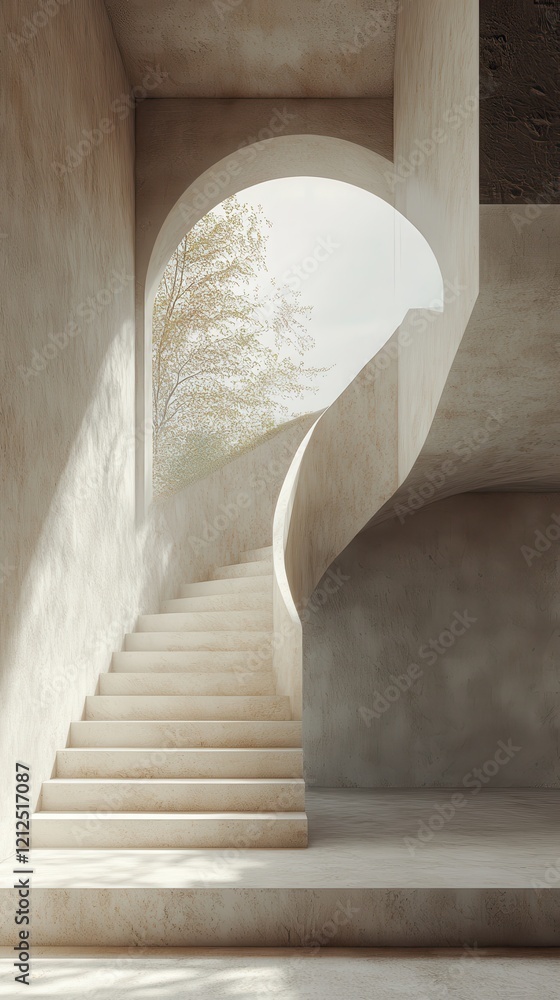 Poster staircase with a tree in the background surrounded by natural scenery and greenery
