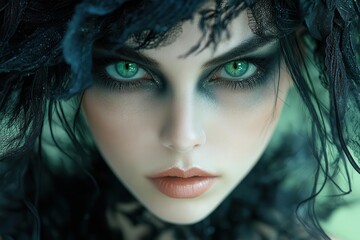 Fototapeta premium close-up portrait of witch with intricate makeup, mysterious green lighting, ornate black costume details