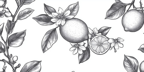 Hand drawn lemon. Vintage lime orange or lemon fruits blossom and branches for juice label. Vector black ink outline food sketch illustrations with juicy piece and peel fruit for health fresh drinks
